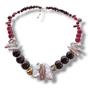 Handmade Artisan Necklace Genuine Garnet Pearl Ruby 14K Gold Fill January Stone